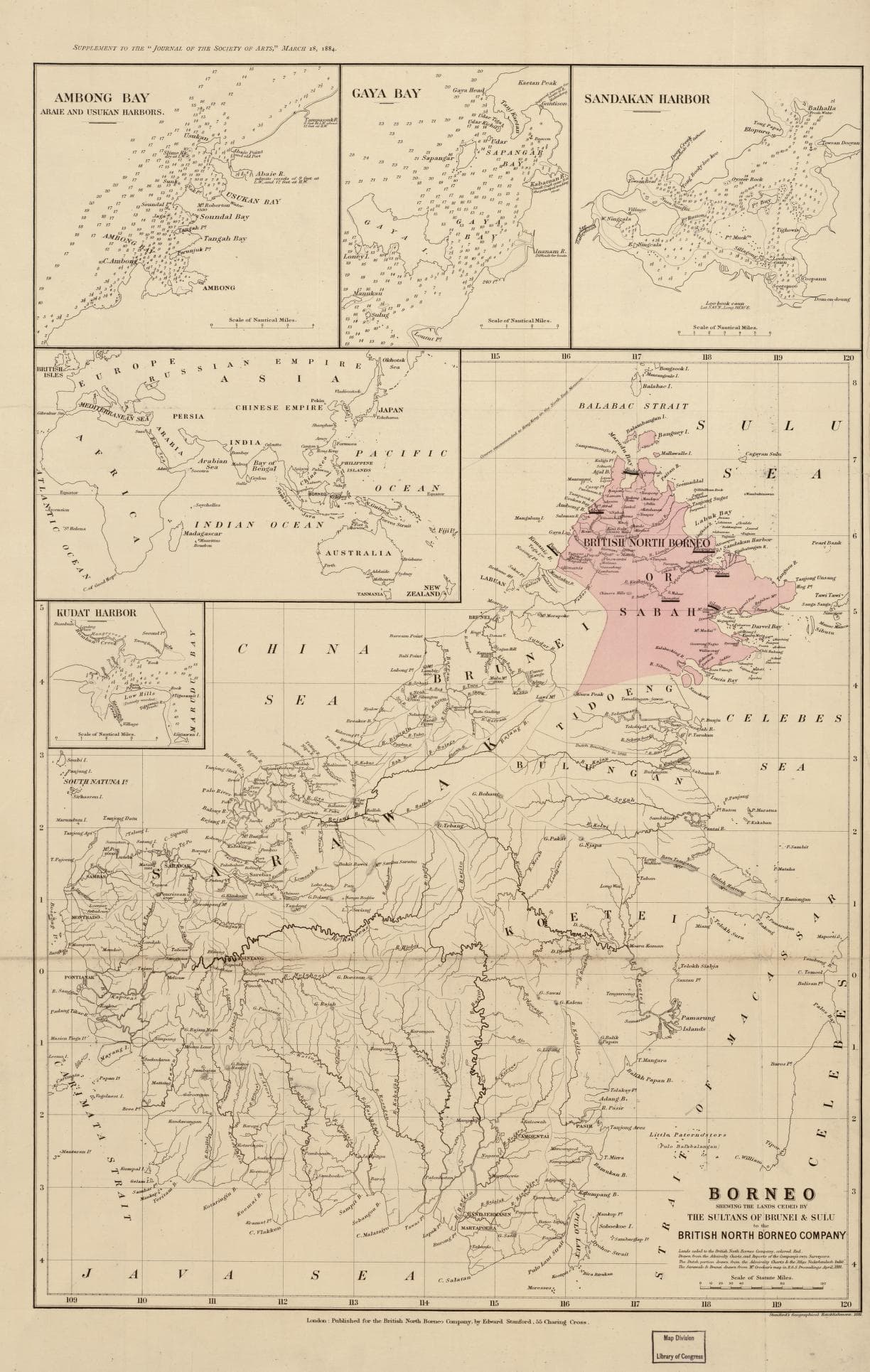 Digitized 1881 Edward Stanford map of Borneo with coloured territories and harbour insets