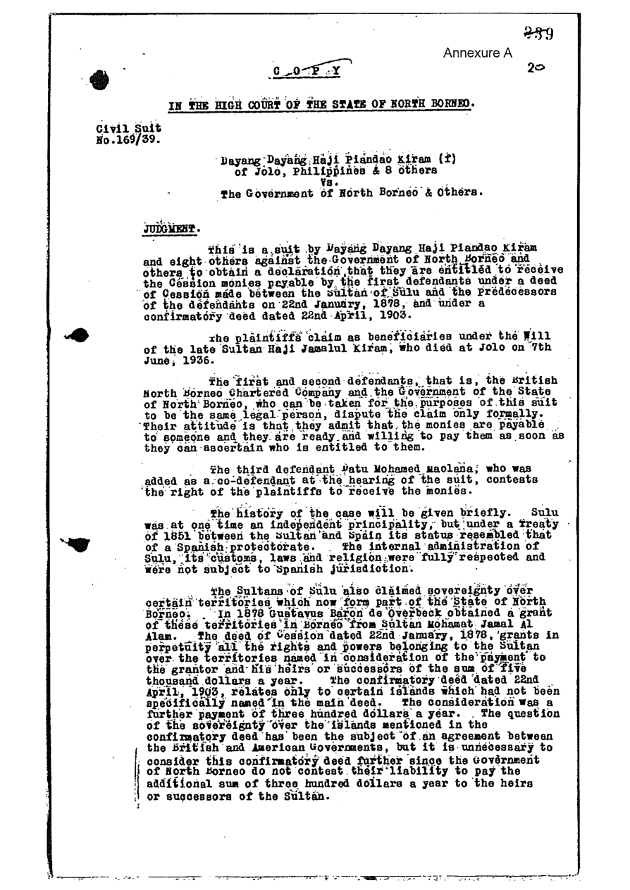 Opening page of the North Borneo High Court judgment in Civil Suit No. 169/39